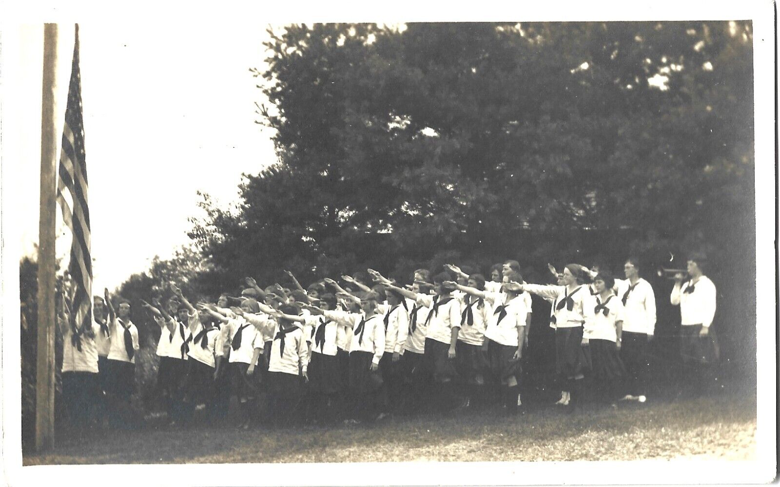 Unusual salute to flag at girls Camp Onaway, Newfound Lake, Hebron NH; 1923 RPPC