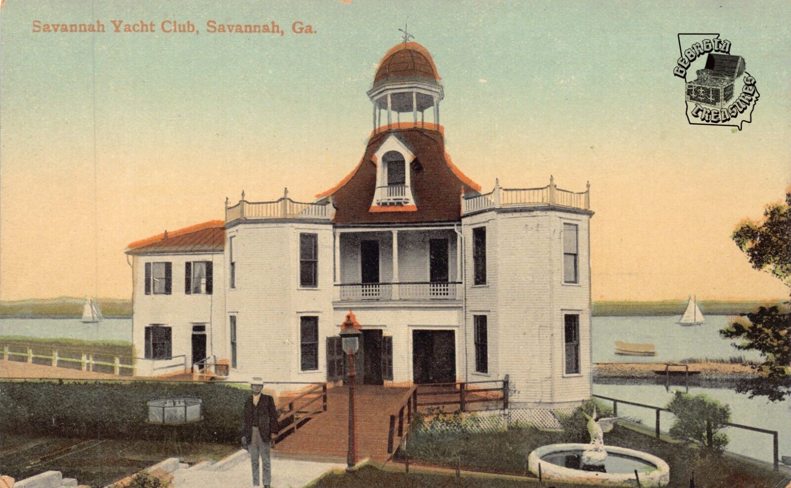 GA~GEORGIA~SAVANNAH~YACHT CLUB BUILDING FRONT VIEW FOUNTAIN~C.1910