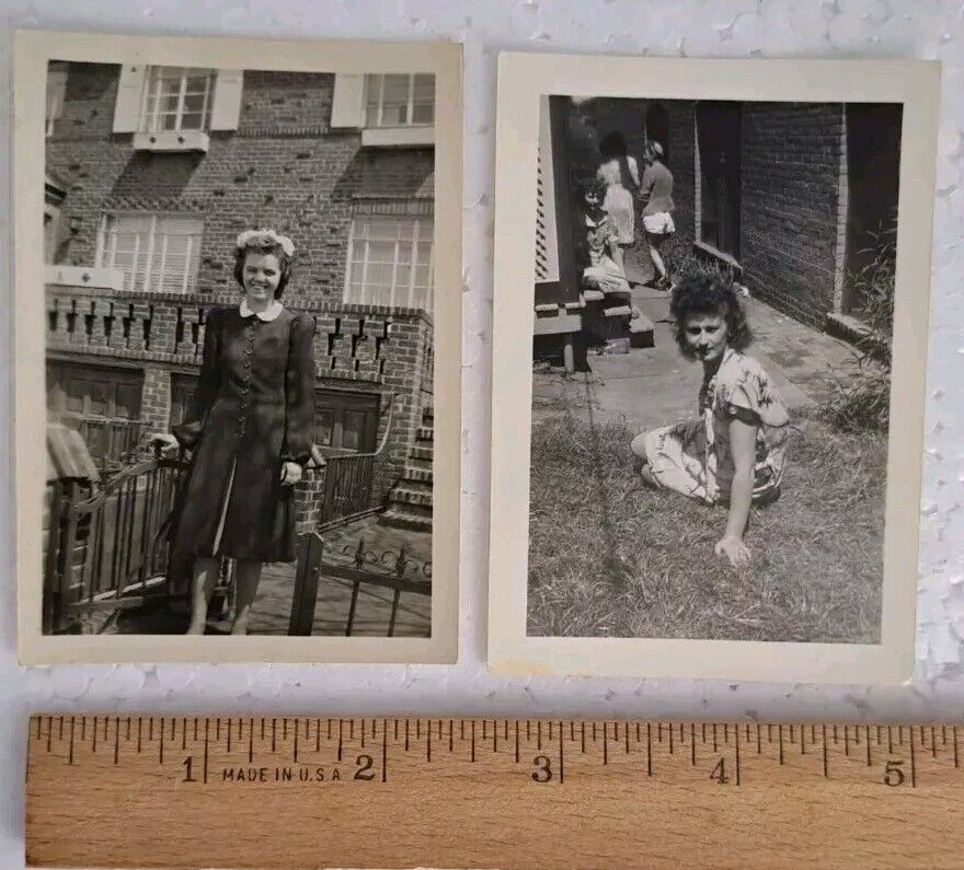 Lot of 2 Antique 1940\'s Black & White Photos Young Women Posing In Front Home