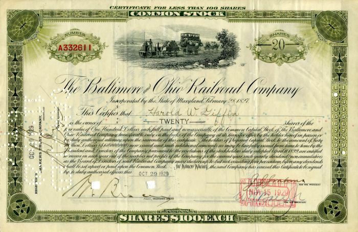 Baltimore and Ohio Stock Certificate dated the day of the \