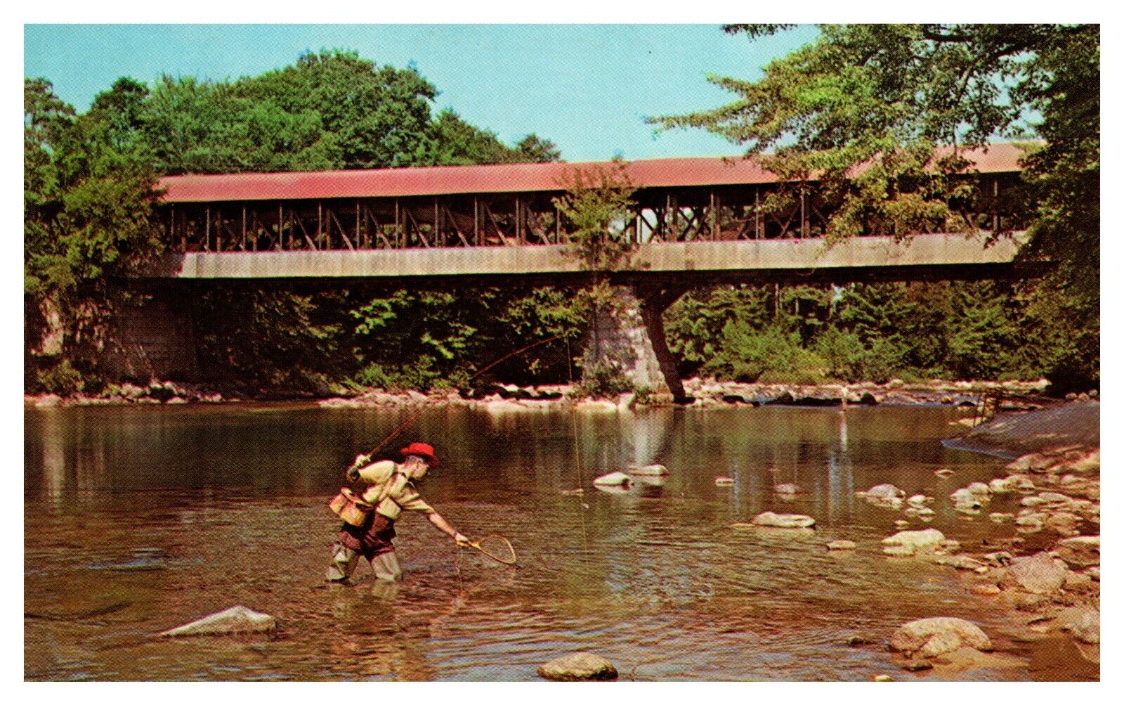 postcard Fly Fishing -at last the fish yields to the fly. covered bridge 7246