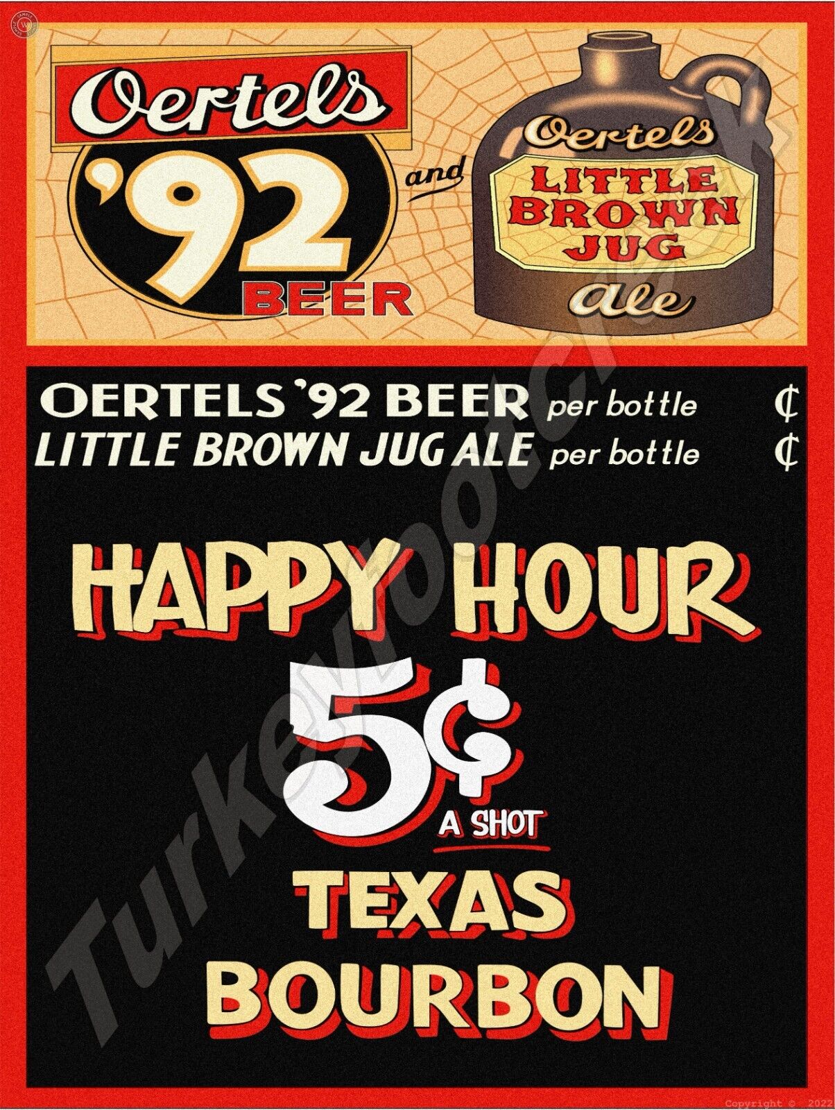 Oertels \'92 Beer & Little Brown Jug Ale Metal Sign 3 Sizes to Choose From