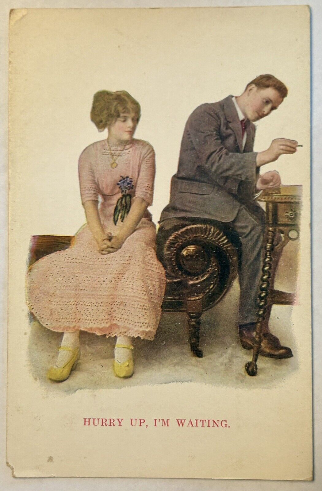 HURRY UP, I\'M WAITING. Vintage love and romance postcard early 1900s.