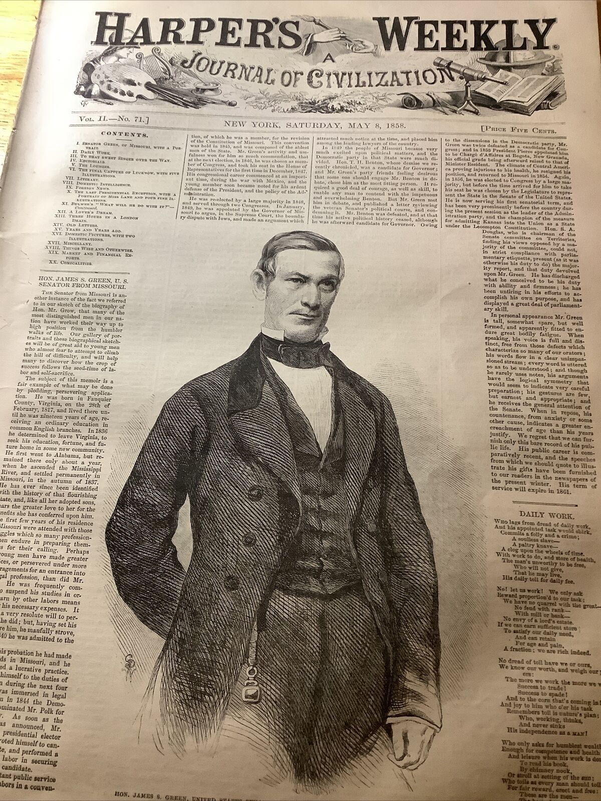 1858 HARPER’S WEEKLY ORIGINAL COMPLETE NEWSPAPER ~ JAMES GREEN