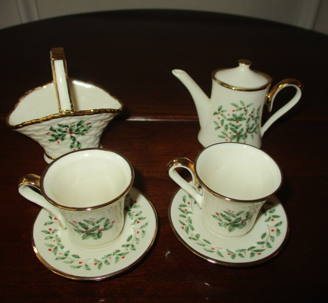 Lenox China Holiday Miniature 2 cups, coffee pot, basket set