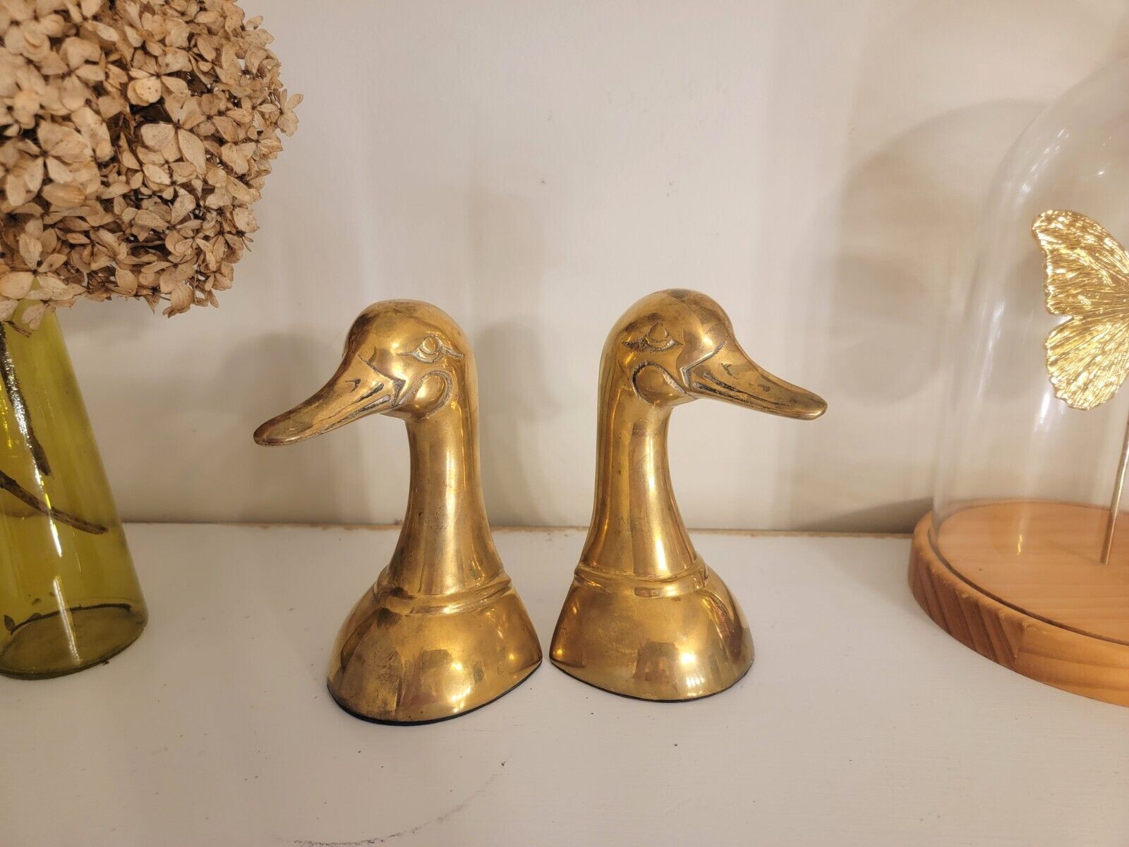 Vintage Pair Of Heavy Brass Golden Mallard Duck Head Bookends 3.75”x 6.25”