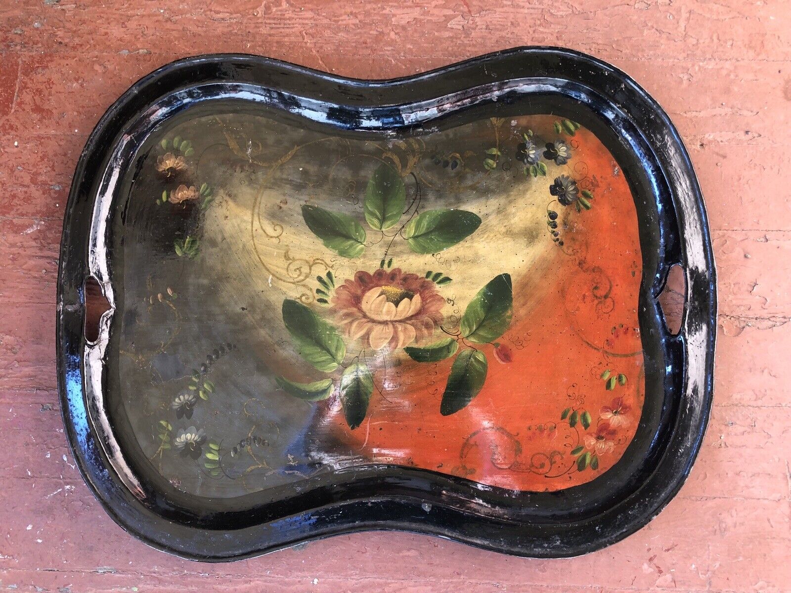 LG Antique Tole Tray ~ Handpainted ~ Rustic Tray
