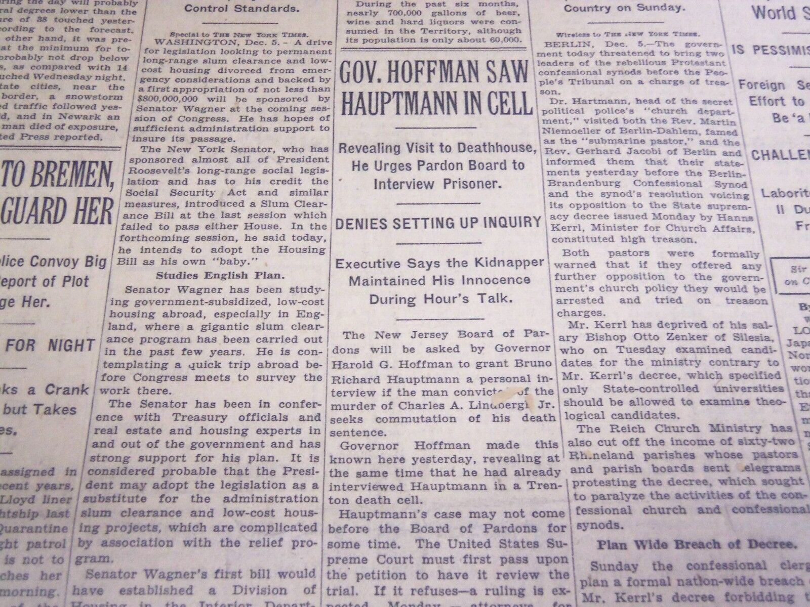 1935 DECEMBER 6 NEW YORK TIMES - GOV. HOFFMAN SAW HAUPTMANN IN CELL - NT 4850