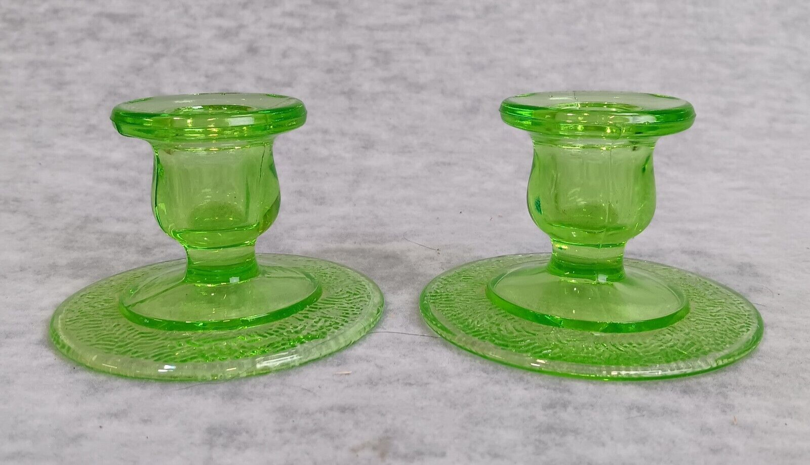 Vintage Pair Green Uranium Depression Glass Candle Sticks Holders