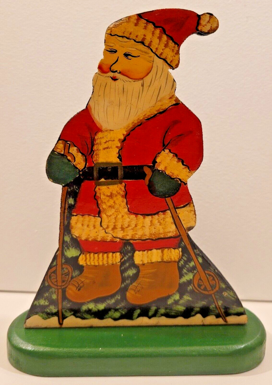 Handmade Folk Art Wooden Skiing Santa Claus Christmas Décor Hand Painted