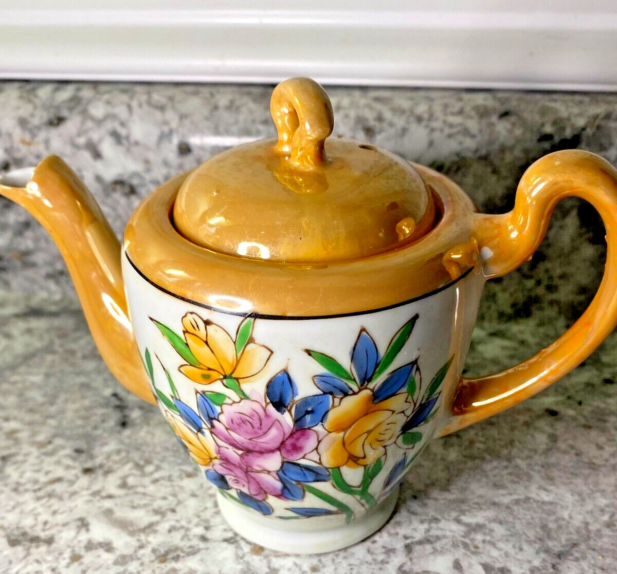 Tea Pot Vintage Made in Japan Orange Lustre Flowers Design