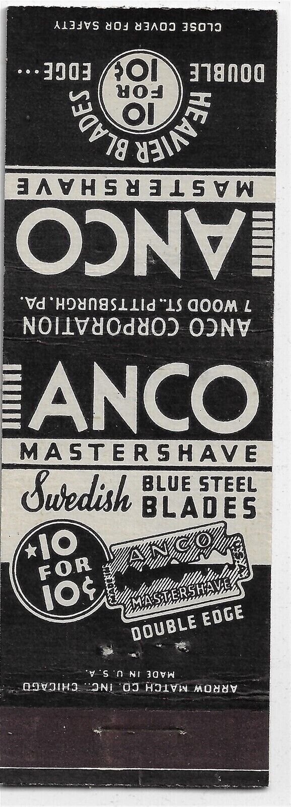 ANCO Master shave Swedish Blue Steel Blades 10 for 10 Cents Empty Matchcover