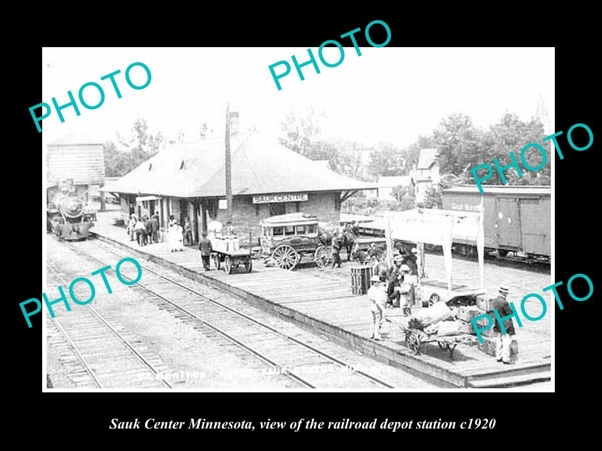 OLD 8x6 HISTORIC PHOTO OF SAUK CENTER MINNESOTA RAILROAD DEPOT STATION c1920