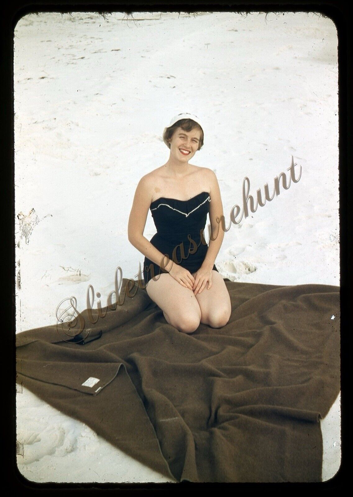 Pretty Woman Swimsuit Beach 35mm Slide 1950s Red Border Kodachrome