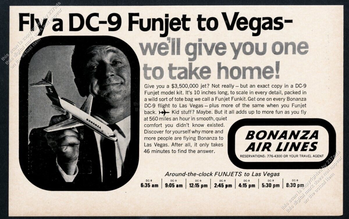 1967 Bonanza Air Lines Airlines DC-9 plane toy model gift photo vintage print ad