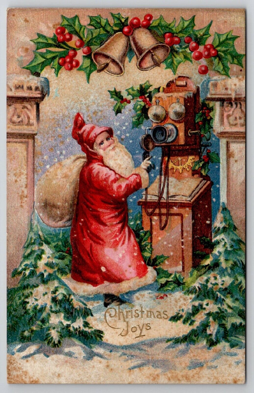 Father Christmas Old World Santa  With Large Telephone Postcard K27