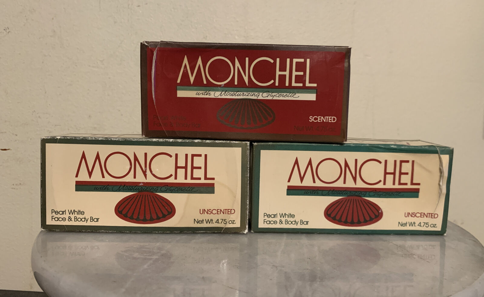 3 Bars Vtg MONCHEL 1-Scented 2 Unscented Shell Soap 4.75 oz Pearl Face-Body Bar