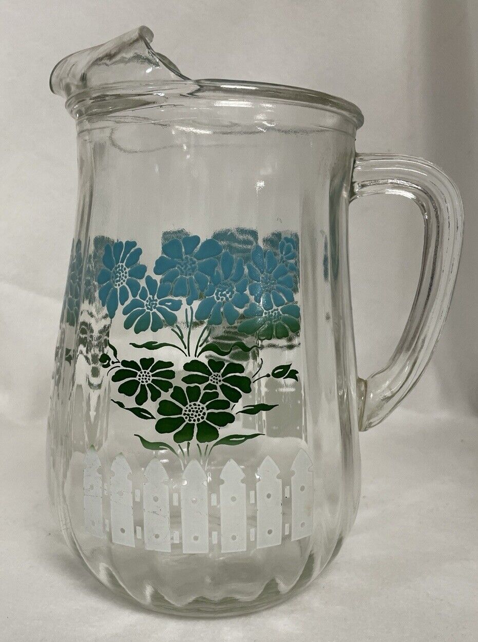 Vintage 50s Water Lemonade Koolaid Iced Tea Glass Pitcher Turquoise Green Floral