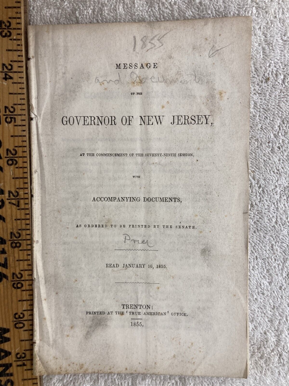 1855 New Jersey Governor Message Vintage Missing Cover Trenton