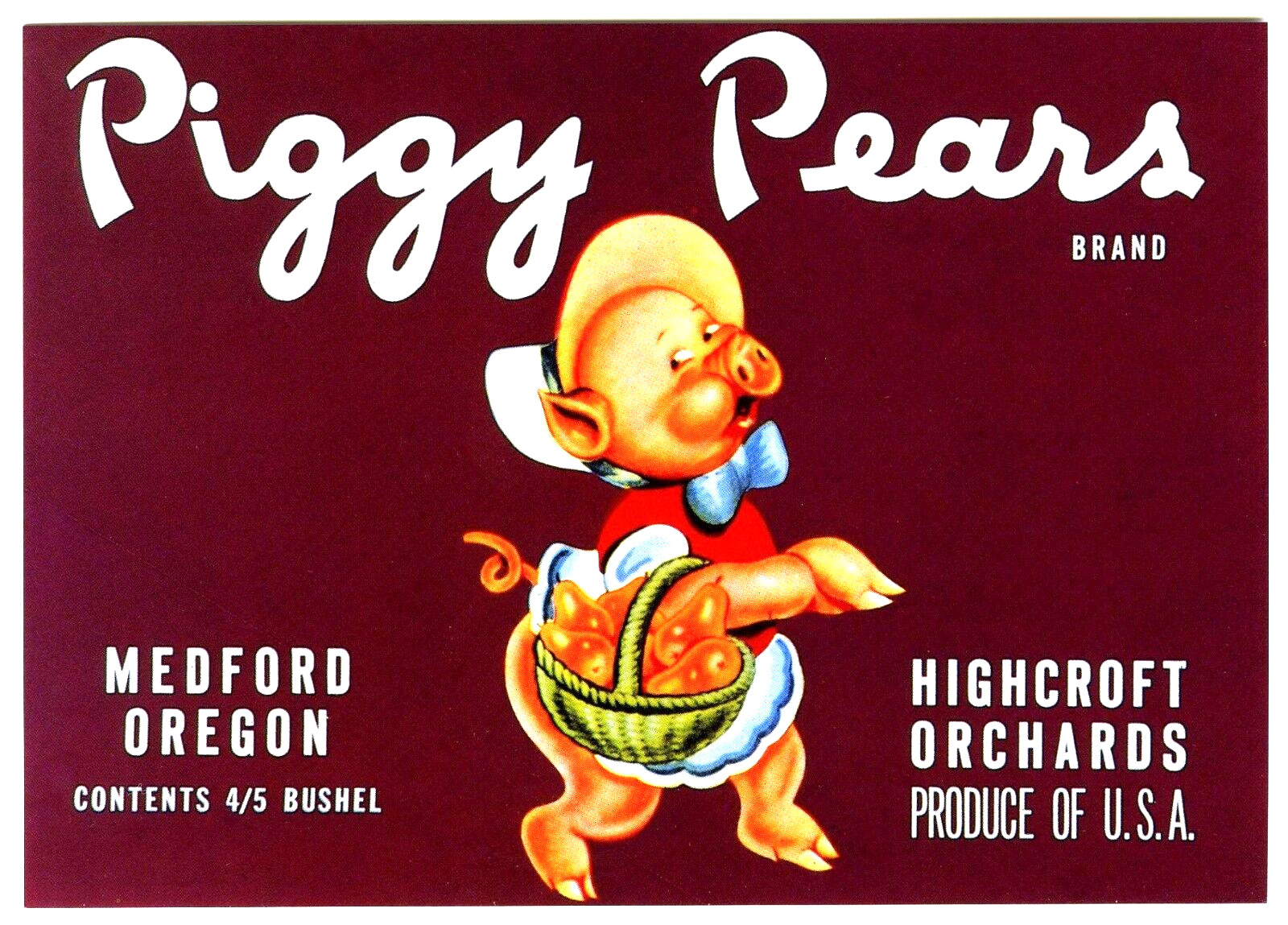 PIGGY PEARS~CARTOON PORKY PIG~NEW 1981 HISTORICAL FRUIT CRATE LABEL ART POSTCARD