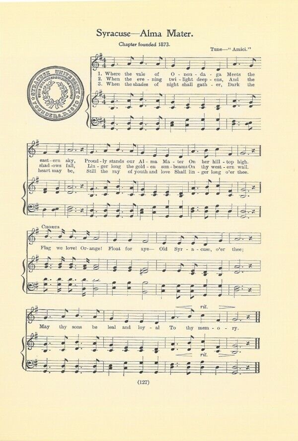 SYRACUSE UNIVERSITY Vintage Song Sheet w/School Seal 1937 \