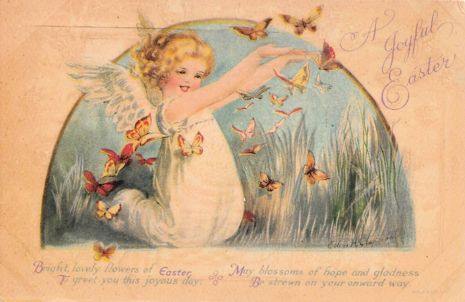 Antique Easter CLAPSADDLE Angel Cupid Cute Child Butterflies Vtg Postcard V5