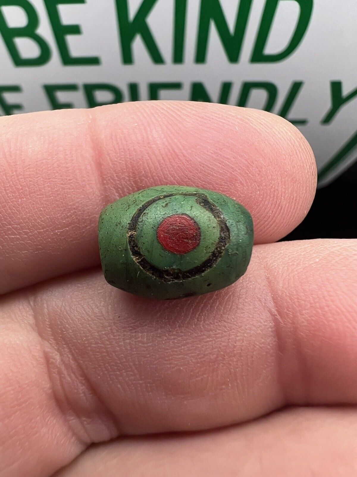 Antique African trade bead green, red, black 3 eye Bead well-worn heirloom