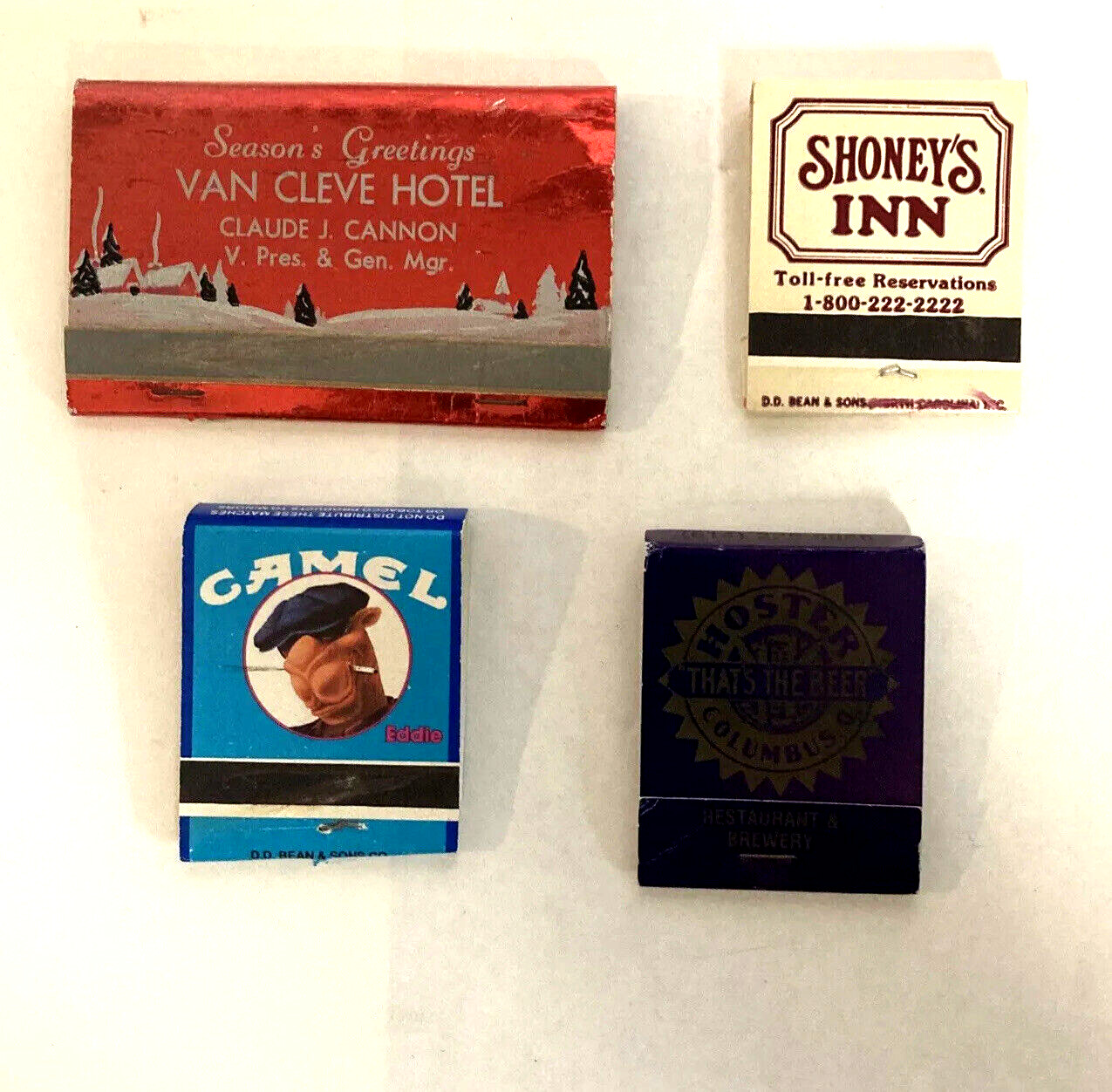 Lot of four vintage matchbooks - Van Cleve Hotel, Hoster Brewing, Shoney\'s Inn..