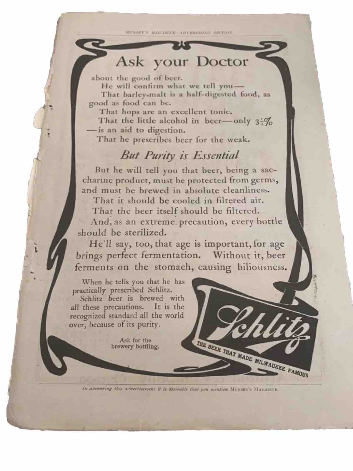 Schlitz Beer Ask Your Doctor Print Ad VINTAGE 1904 ADVERTISEMENT 11”x 8”