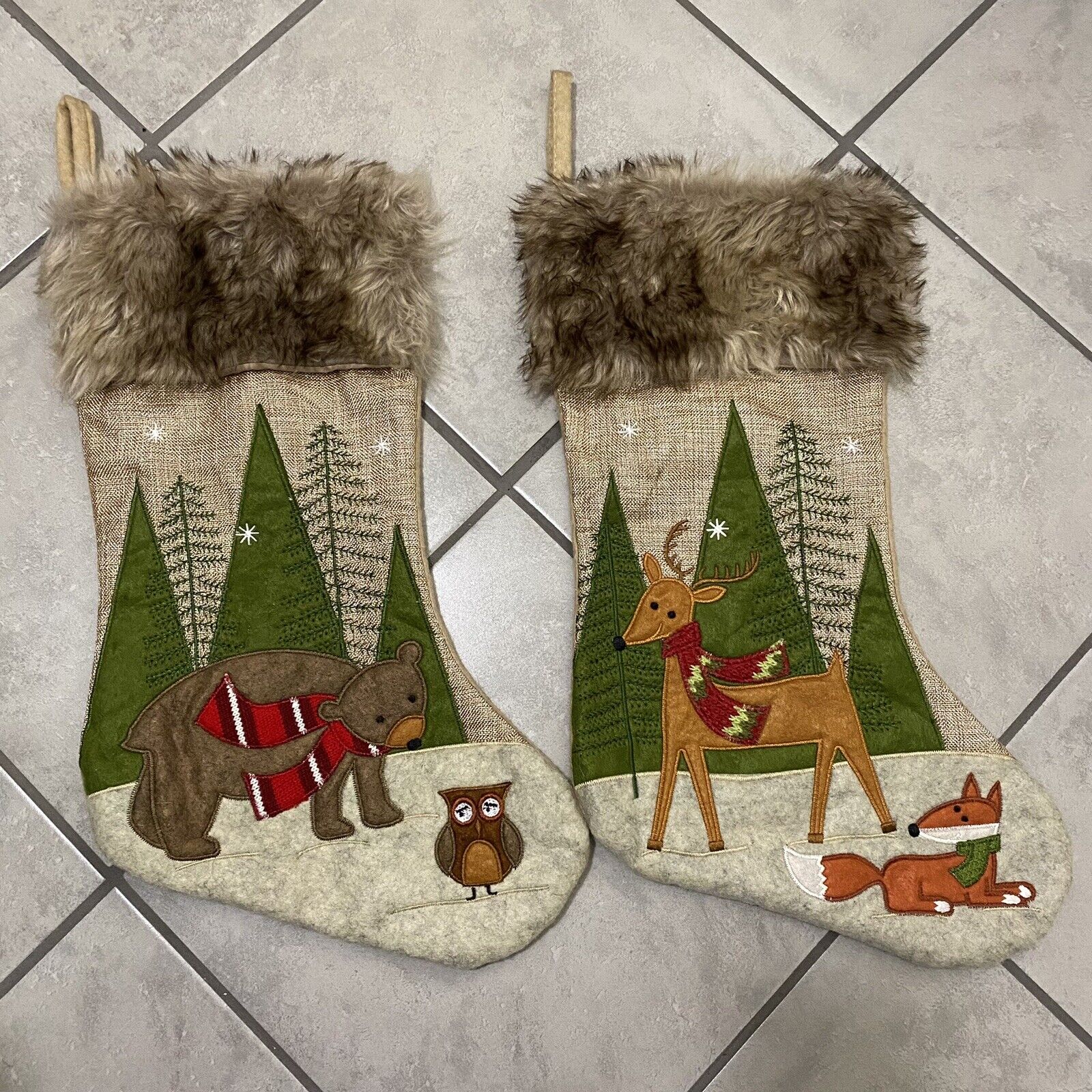 Rustic Christmas Stockings Woodland Animals Fox Deer Owl Bear Faux Fur Lot Of 2