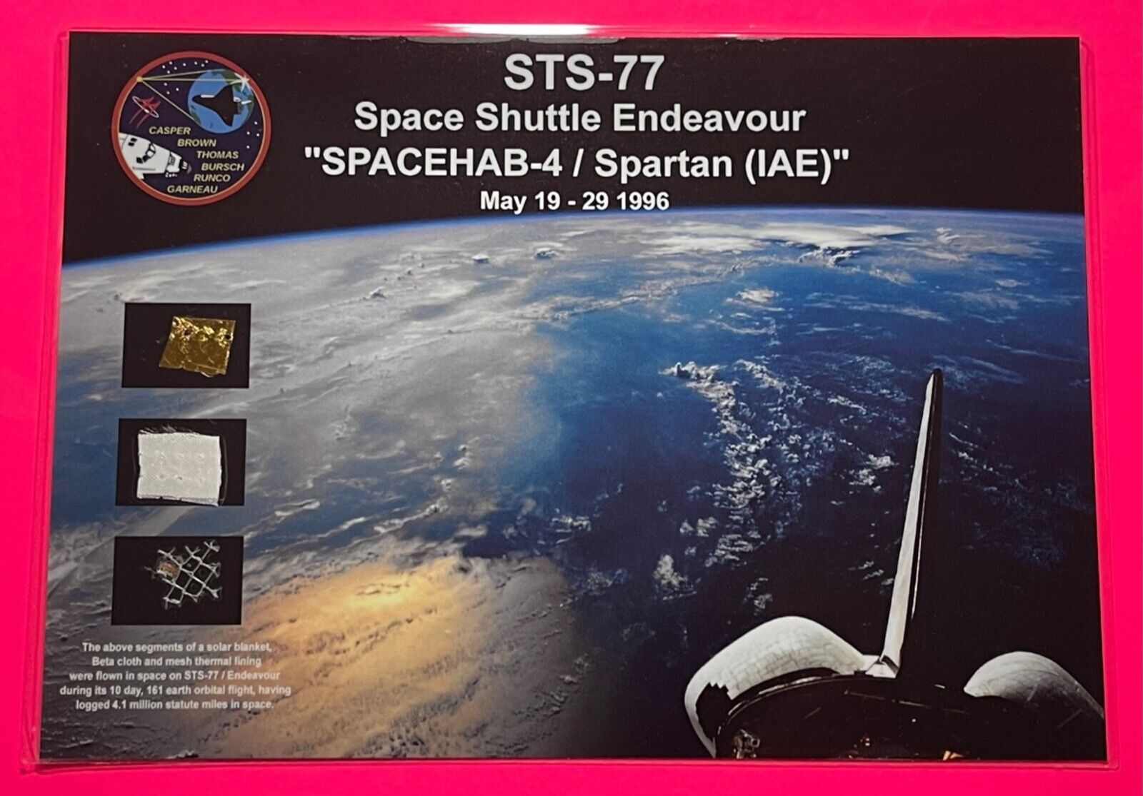 STS-77 SPACEHAB-4 MISSION FLOWN IN SPACE 3 RELIC\'S ARTIFACT\'S 6 X 8.5 CARD