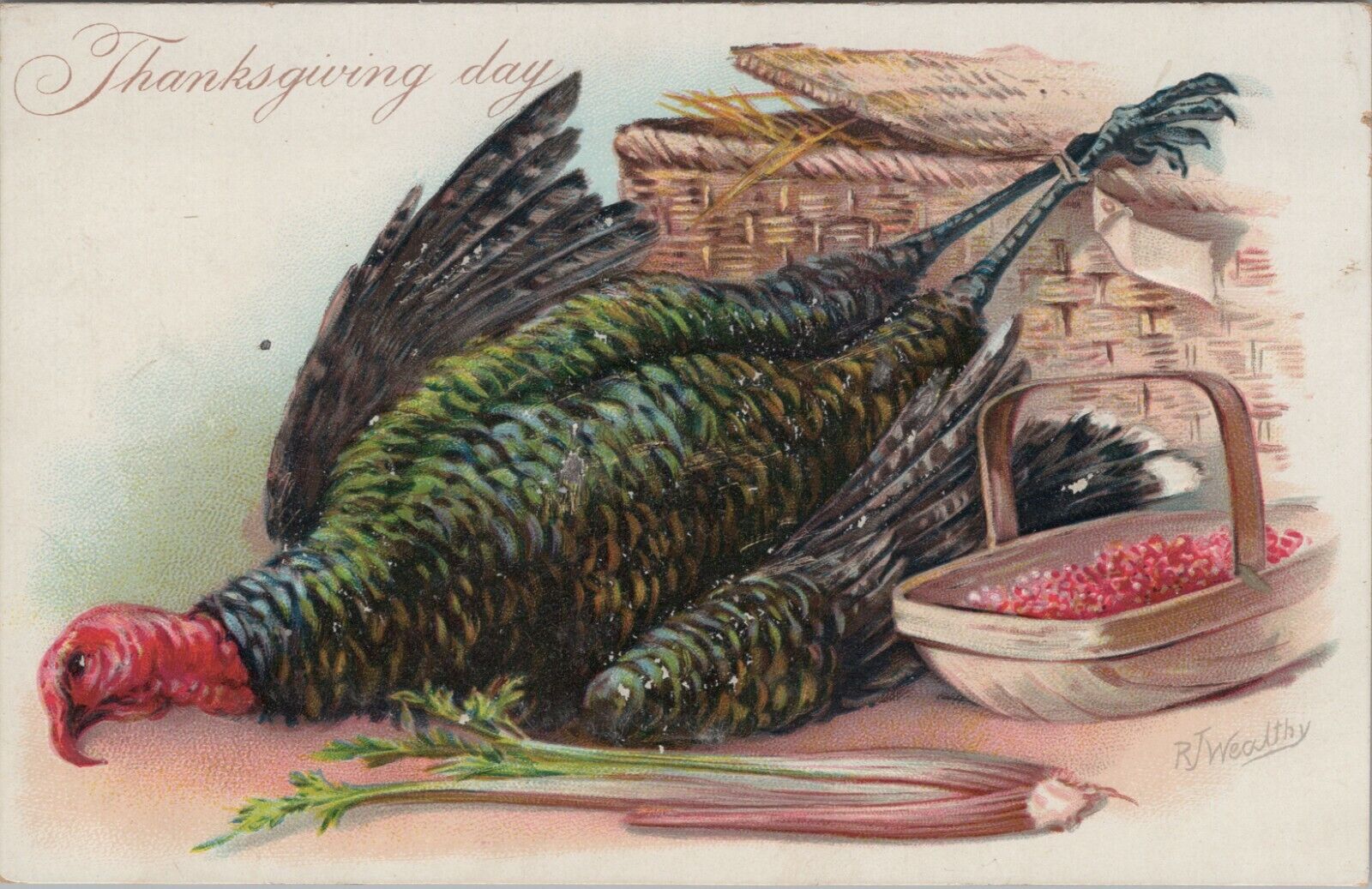 1907 Tuck\'s Thanksgiving Turkey cranberries sign RJ Wealthy basket embossed E611