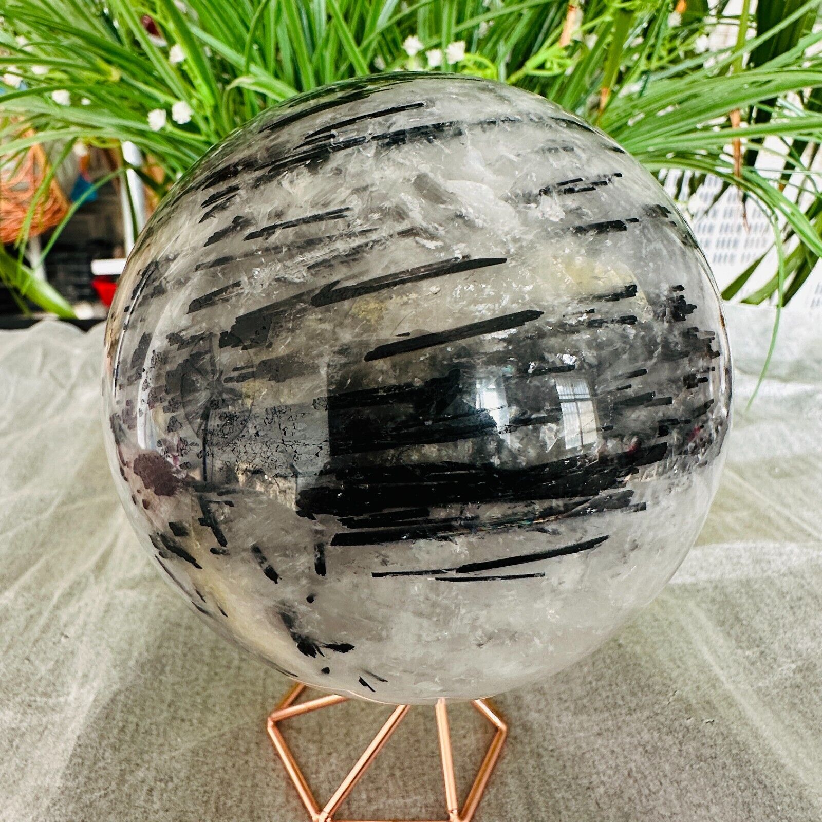 3.96LB TOP Natural black tourmaline Quartz ball carved Crystal Sphere Healing