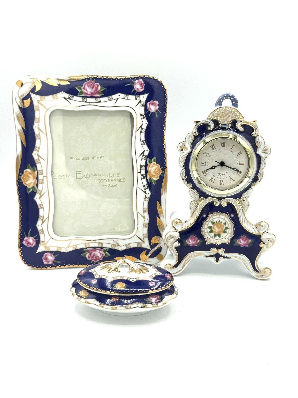 Kirch Porcelain Set With clock, 4x6 Picture Frame And Trinket Oval Gold Trim