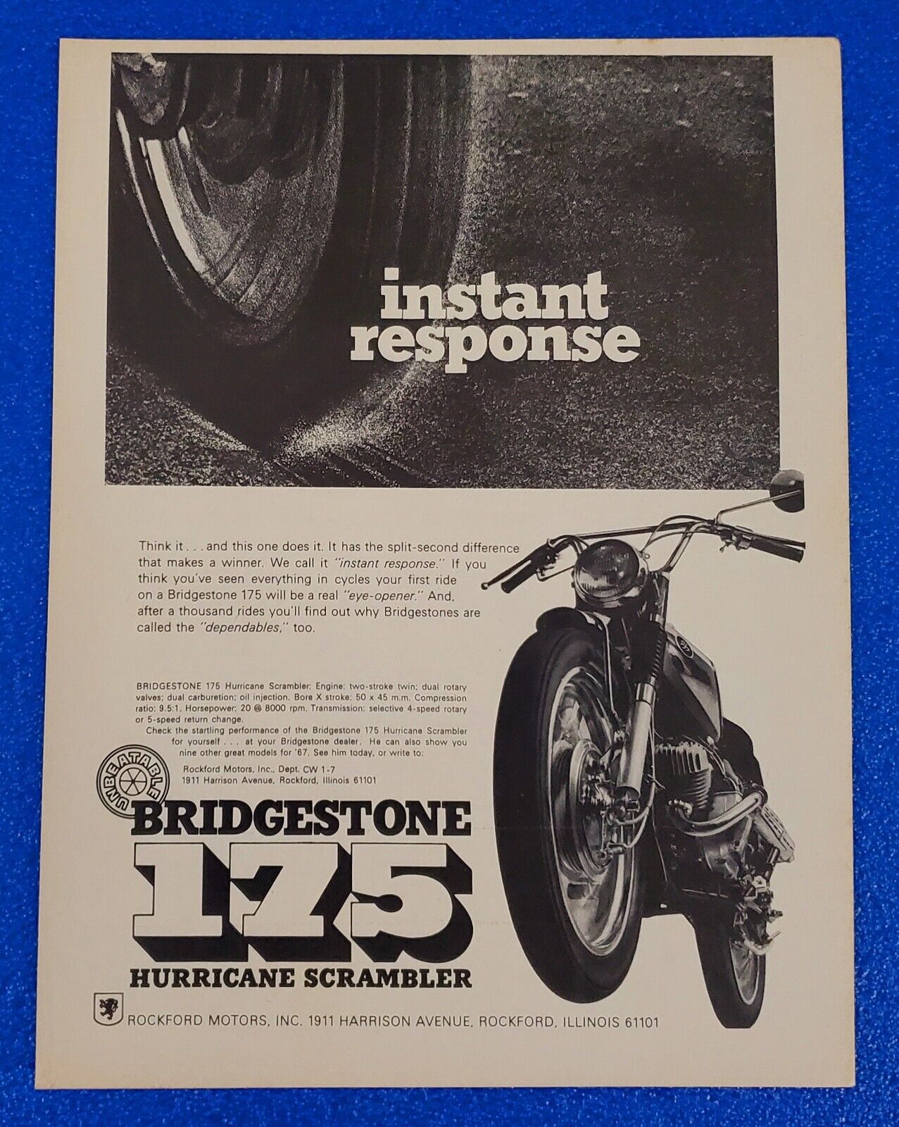 1967 BRIDGESTONE 175 HURRICANE SCRAMBLER JAPANESE MOTORCYCLE ORIGINAL PRINT AD