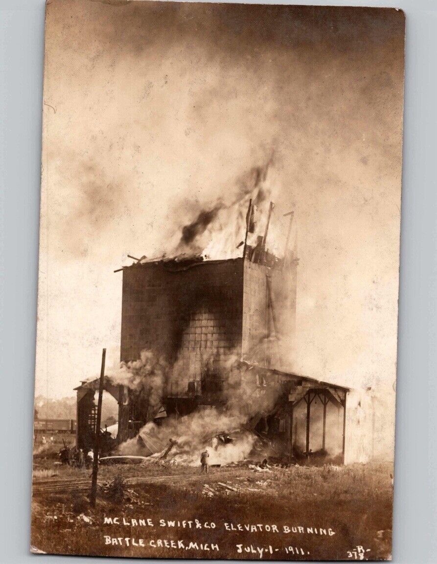 c1911 Fire Burning McLane Swift Building Battle Creek Michigan MI RPPC Postcard