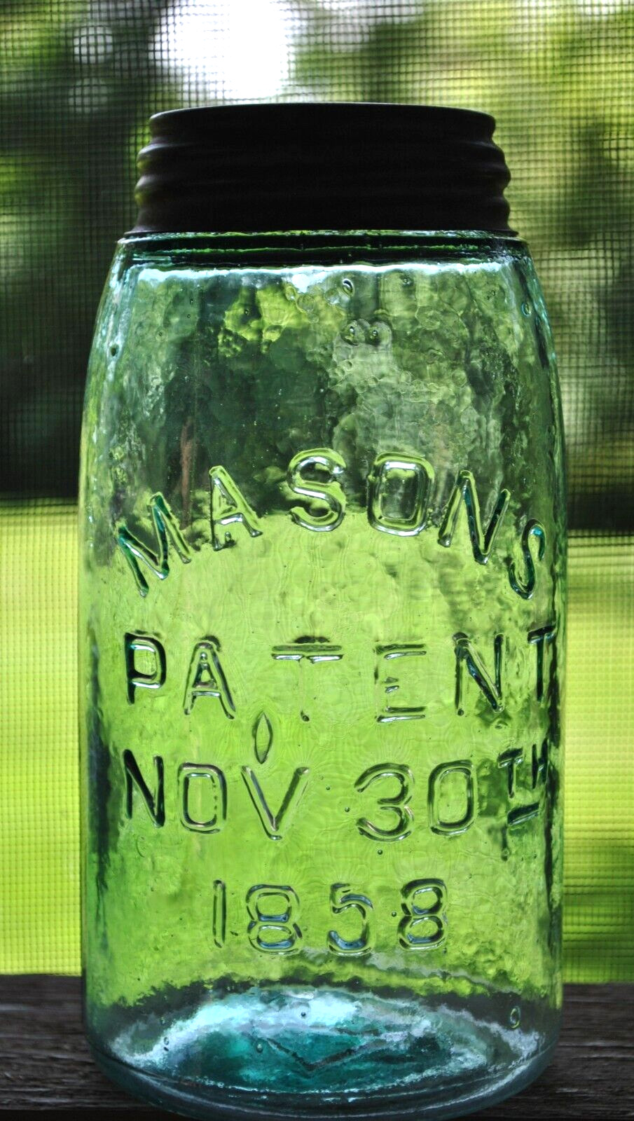 Vtg MASONS PATENT NOV 1858 QUART FRUIT JAR ~ CRUDE SWIRLS WHITTLE ~ 23 TRIANGLE