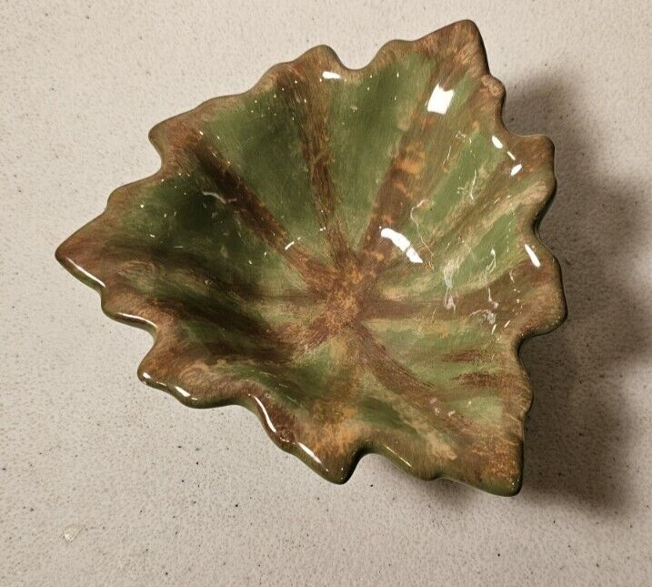 Vintage Glazed Leaf Dish Ashtray Boho Mottled Signed Mid Century