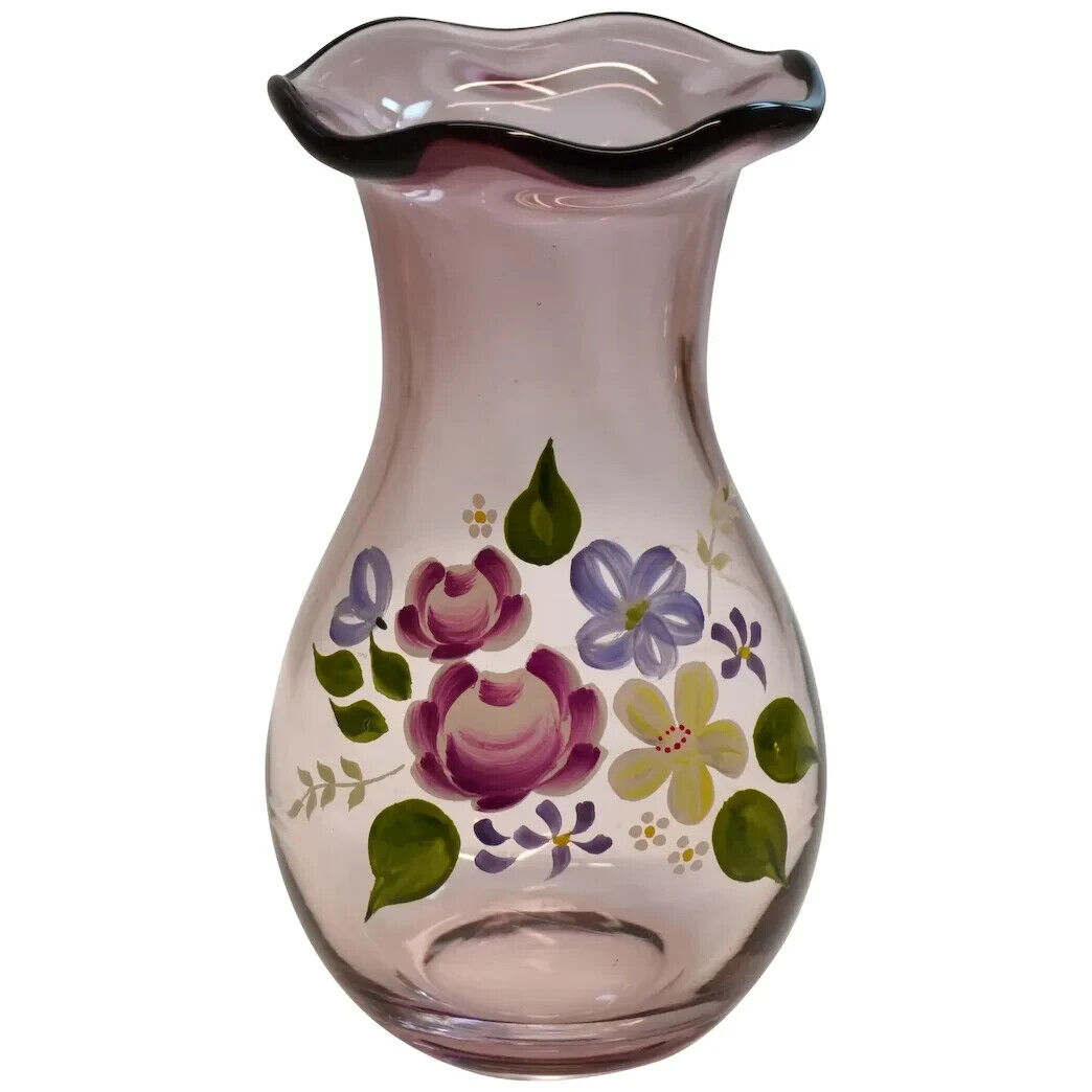 Vintage Purple Amethyst Teleflora Hand Painted Floral Vase Designed by Fenton