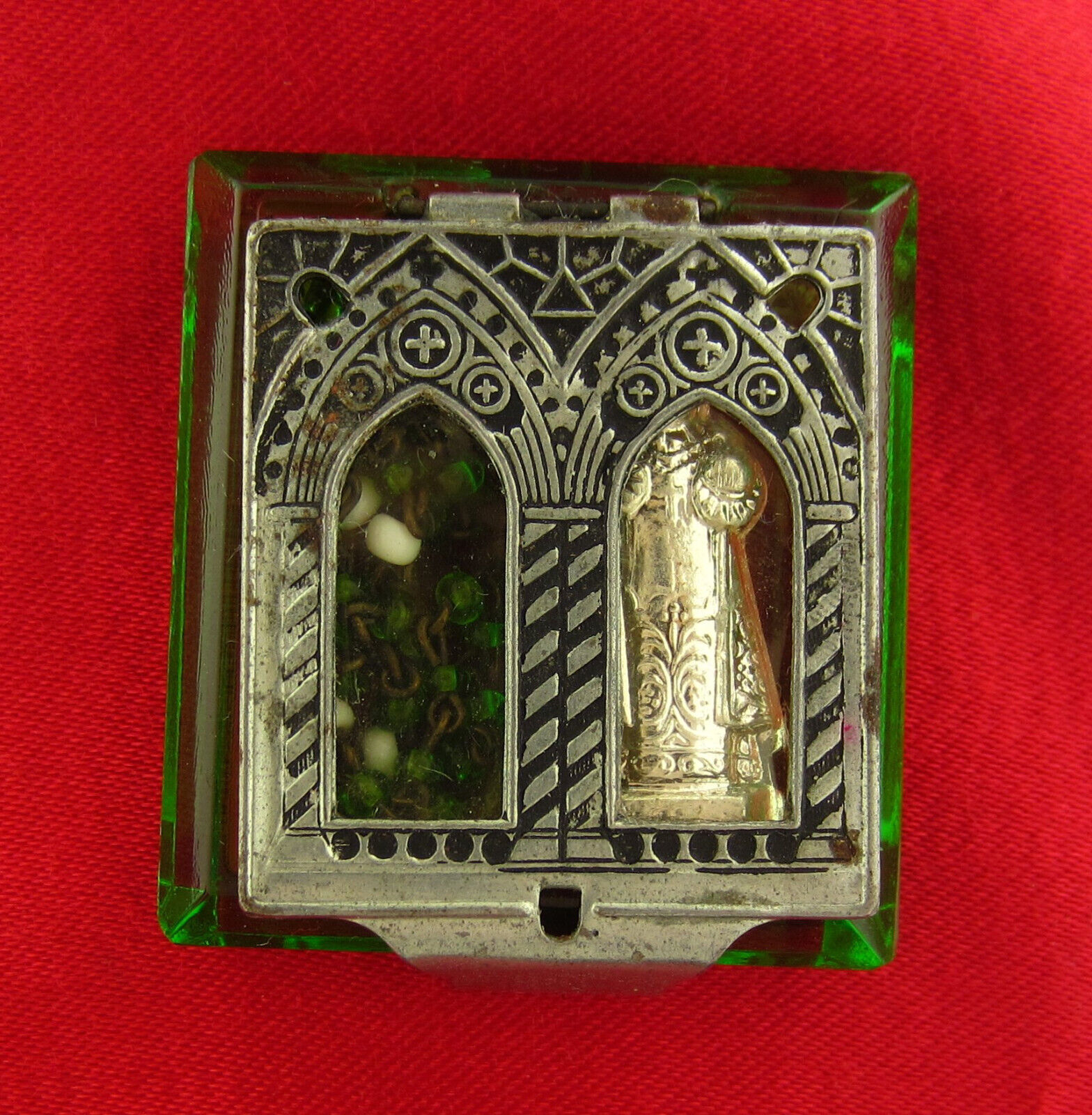 Vintage INFANT OF PRAGUE JESUS Double Pocket Shrine MINI STATUE ROSARY HOLDER
