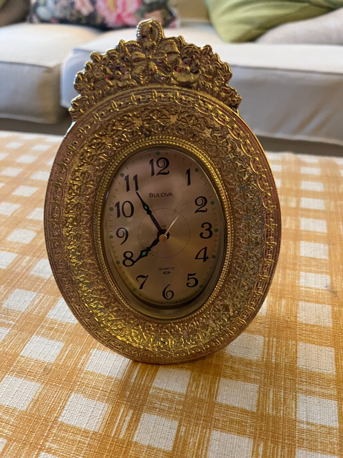Bulova Gold Ornate Oval Nightstand Dresser / Mantle / Bedside Clock - 6 inches