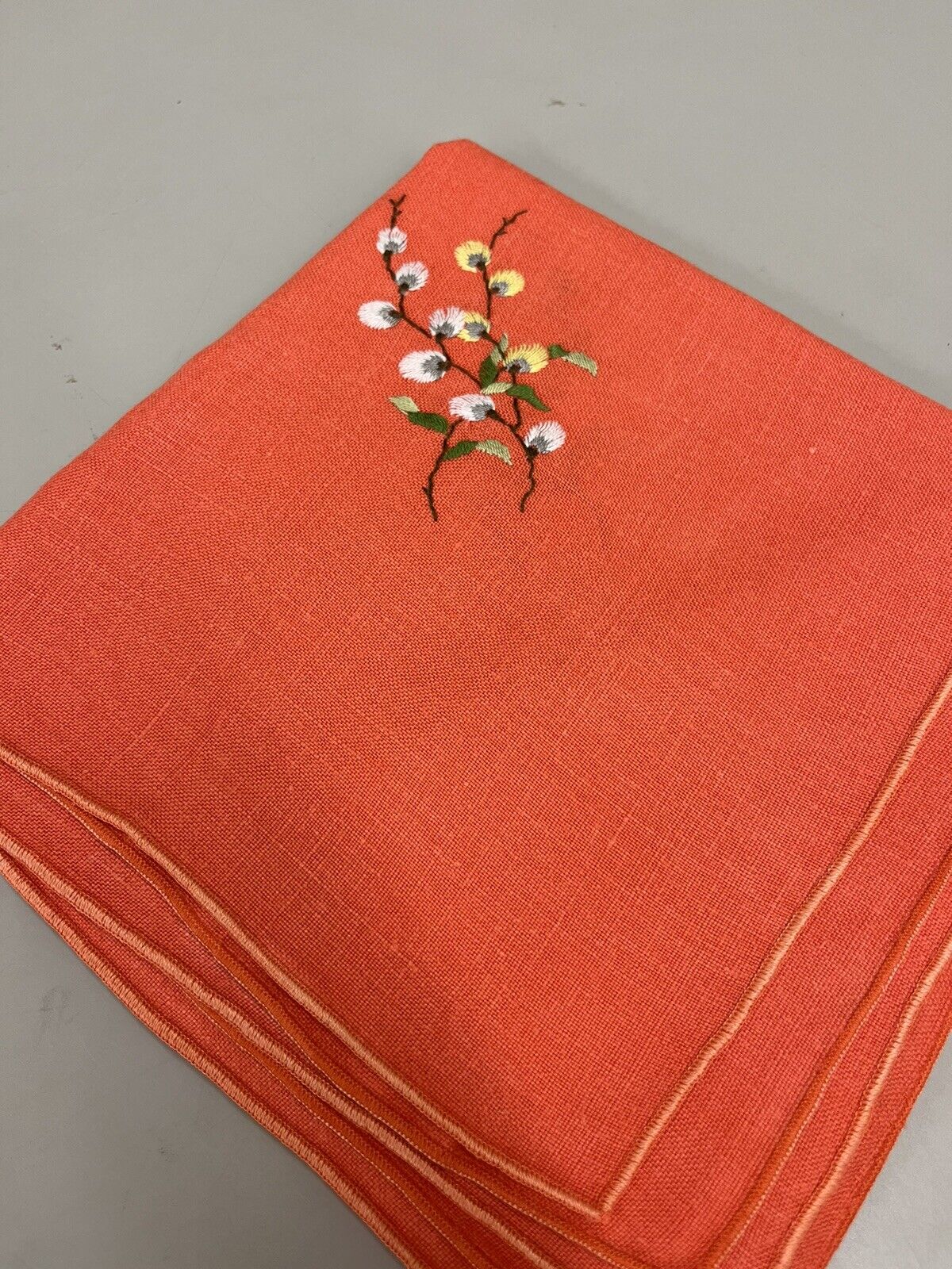 Vintage Orange Linen Tablecloth/Topper/Luncheon Cloth w pussywillow clusters 34\