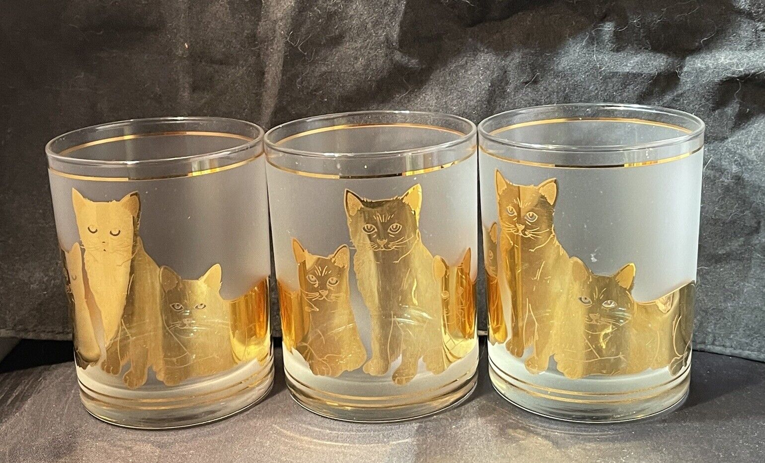 Vintage  3 Culver Cats Kitty Frosted Cocktail Glasses 22 K Gold