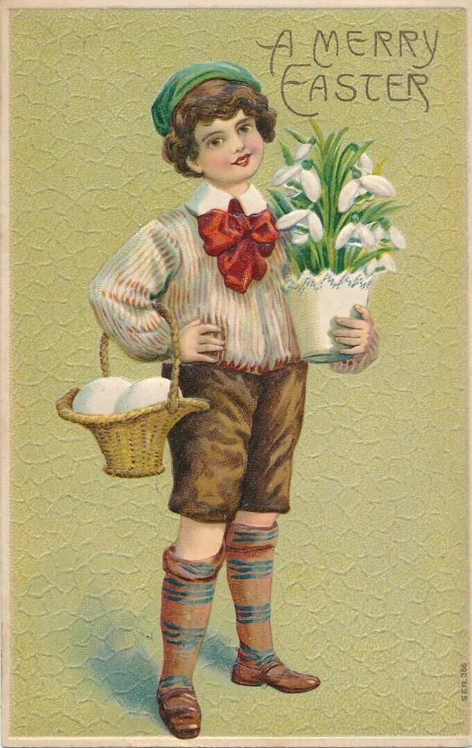 EASTER - Child Carrying Lilies and Eggs A Merry Easter Postcard - 1909