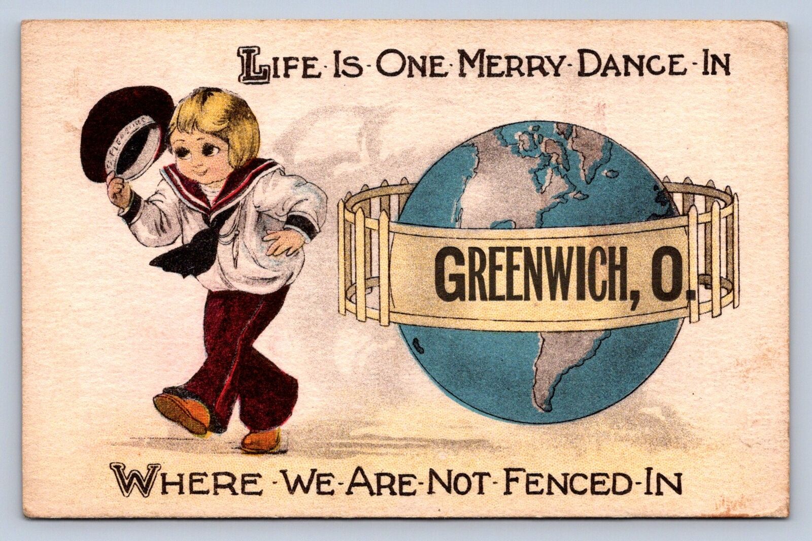 J99/ Greenwich Ohio Postcard c1910 World Globe Merry Dance  321