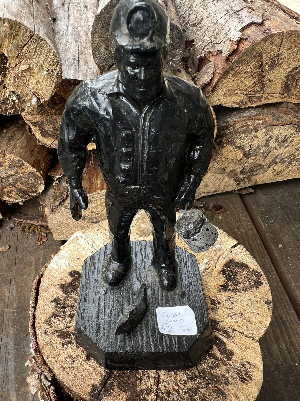 Vintage Coal Miner  Hand Carved Wood Statue rare