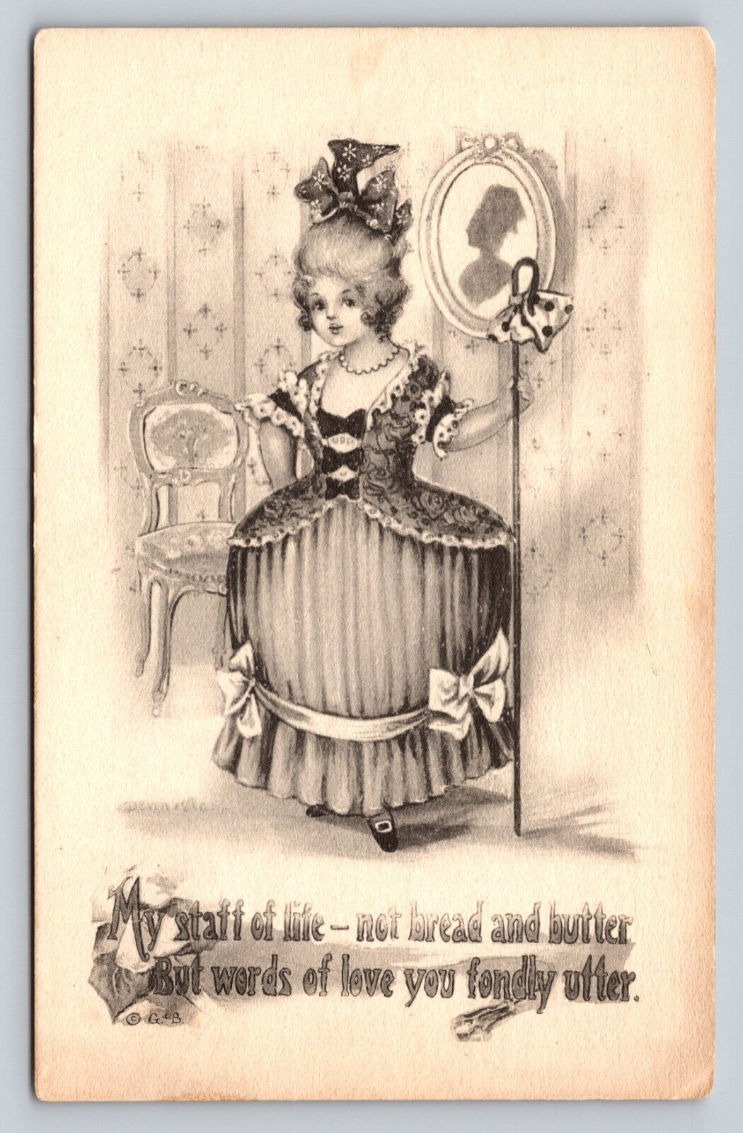 Lady Wearing Older Fashioned Dress Words of Love Vintage Postcard 1143