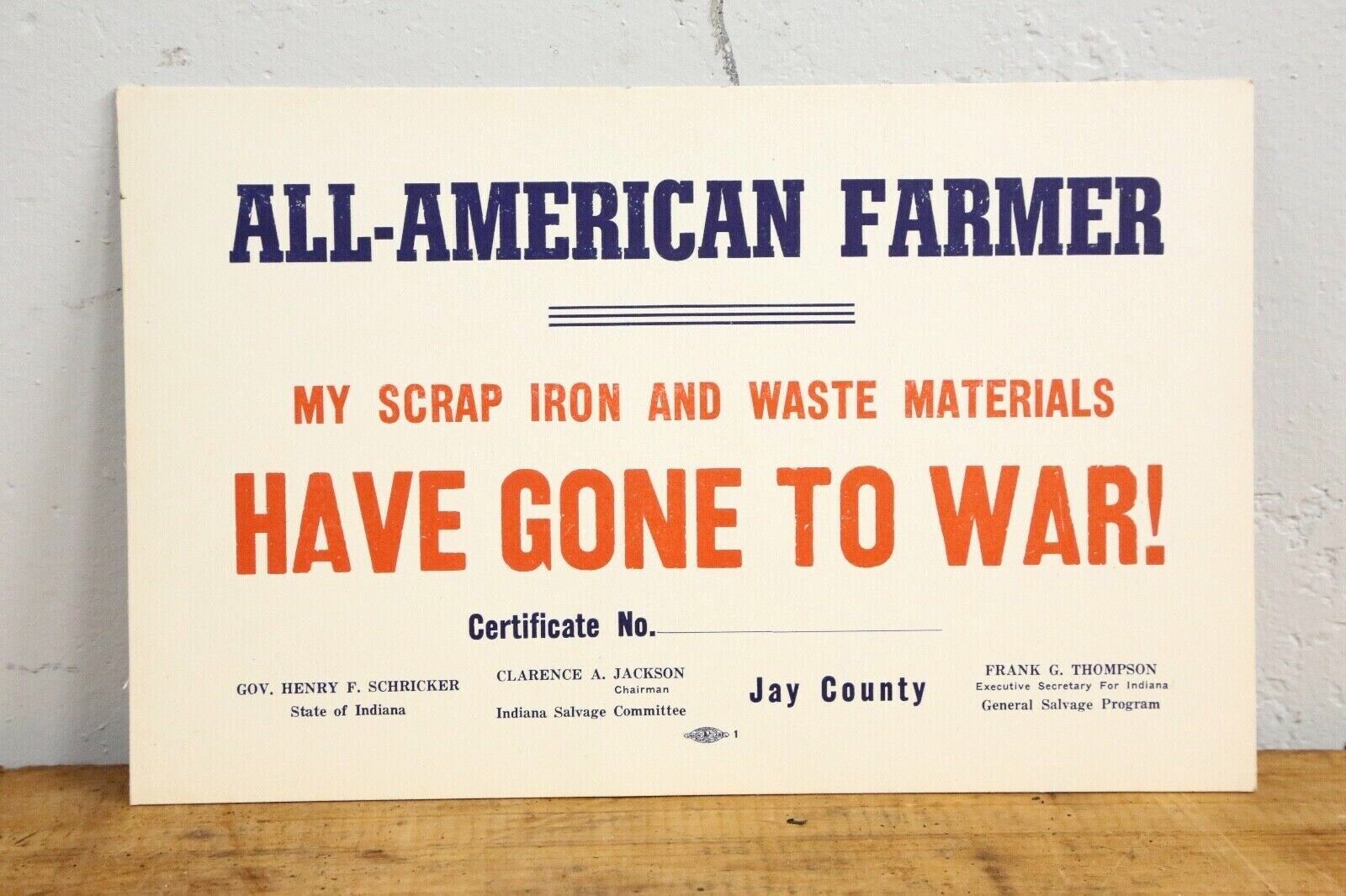 Vintage WWII ALL AMERICAN FARMER Scrap Iron Gone To War cardboard sign 1940s 