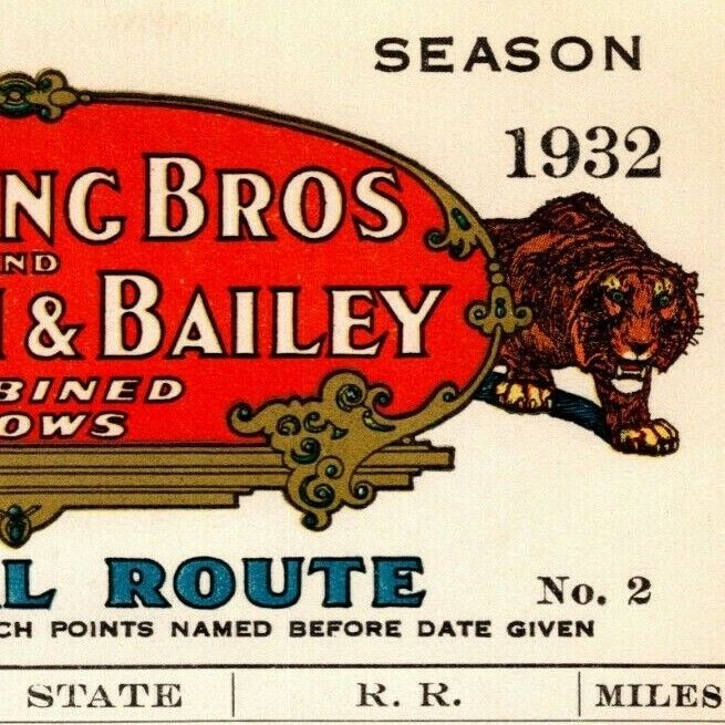 Scarce 1932 Ringling Bros. B&B Circus Route Card Brooklyn Baltimore Lancaster 