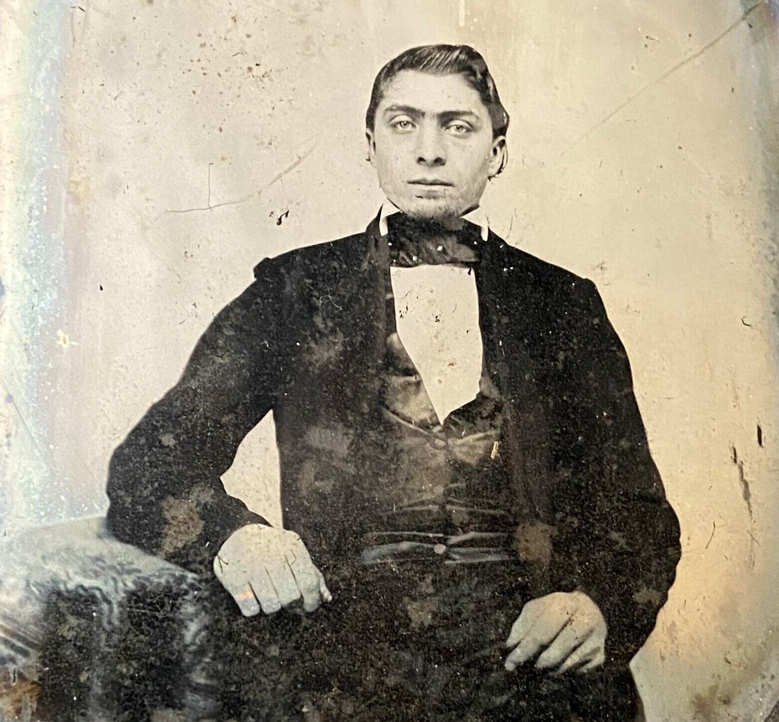 Old Vintage Antique Ambrotype Photo Young Victorian Man in Fine Black Tie Attire